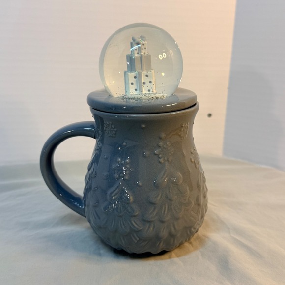 Temp-Tations Other - Temp-tations by Tara Blue Snow Globe Lid Coffee Mug 16oz Snowflake Tree Ceramic